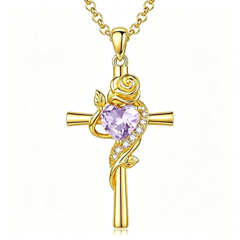 14K Gold Plated Birthstone Rose Cross Necklace for Women Faith Jewelry Gift