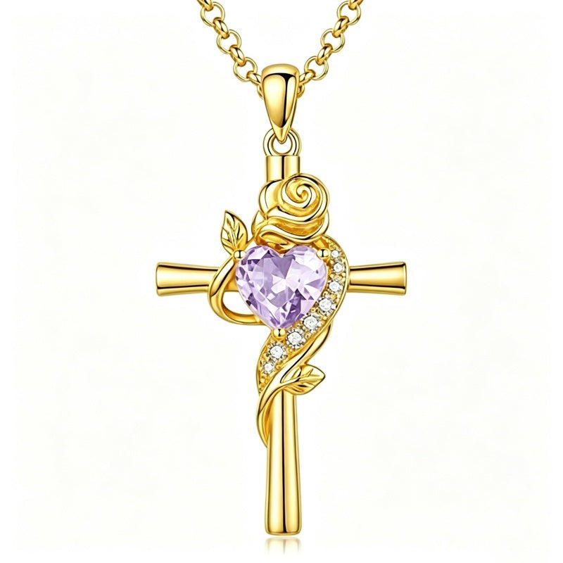 14K Gold Plated Birthstone Rose Cross Necklace for Women Faith Jewelry Gift