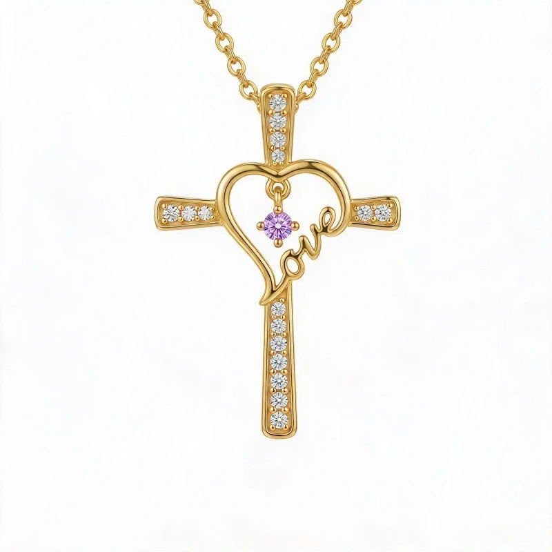 14K Gold Plated  Birthstone  LOVE Heart Cross Necklace for Women Faith Jewelry