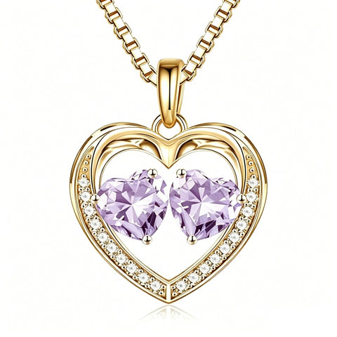 14K Gold Plated Double Heart Birthstone Necklace Anniversary Birthday Gifts for Women