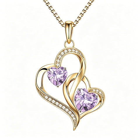 14K Gold Plated Double Heart Birthstone Necklace Anniversary Birthday Gifts