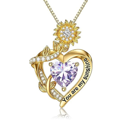 10K 14K 18K Gold  12 Months Birthstones Sunflower Pendant Necklace Engraved with You are My Sunshine