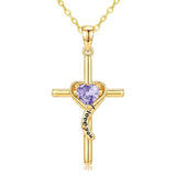 14K Gold Plated Dainty Heart Birthstone Pendant Cross Necklace for Women Religious Gift