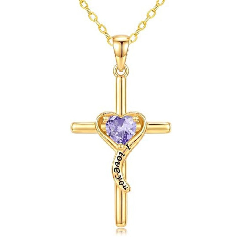 14K Gold Plated Dainty Heart Birthstone Pendant Cross Necklace for Women Religious Gift