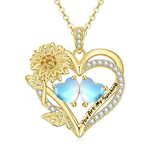 14K Gold  Plated Double Birthstone Heart Sunflower Necklace for Women