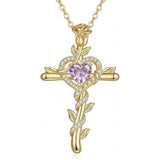 14K Gold Plated Heart Birthstone Rose Cross  Pendant Necklace  Religious Christian Jewelry for Women