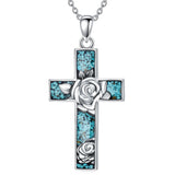 Sterling Silver Turquoise Personalized Engraved 12 Month Birth Flower Cross Pendant Necklace