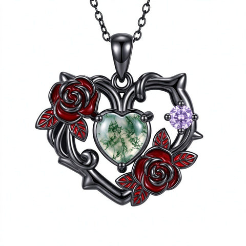 Sterling Silver Black Heart Skeleton Birthstone Necklace With Engraved Halloween Gift