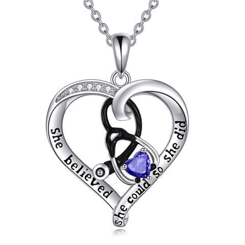 10K 14K 18K Gold Birthstone Caduceus & Stethoscope Pendant Necklace
