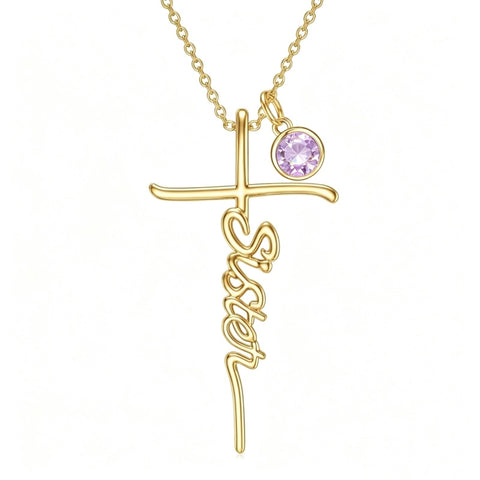 14K Gold Plated Birthstone Sister Cross  Pendant Necklace