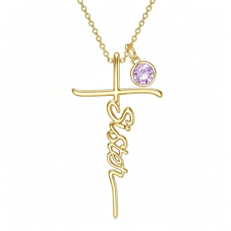 14K Gold Plated Birthstone Sister Cross  Pendant Necklace