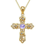 14K Gold Plated Round Cubic Zirconia Filigree Rose Cross Necklace for Women