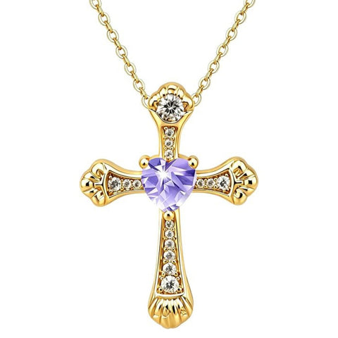 14K Gold Plated Heart Cut Cubic Zirconia Cross  Pendant Necklace For Women Religious Faith Jewelry