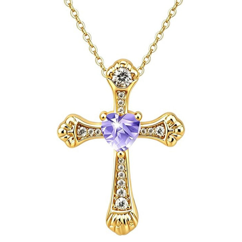 14K Gold Plated Heart Cut Cubic Zirconia Cross  Pendant Necklace For Women Religious Faith Jewelry