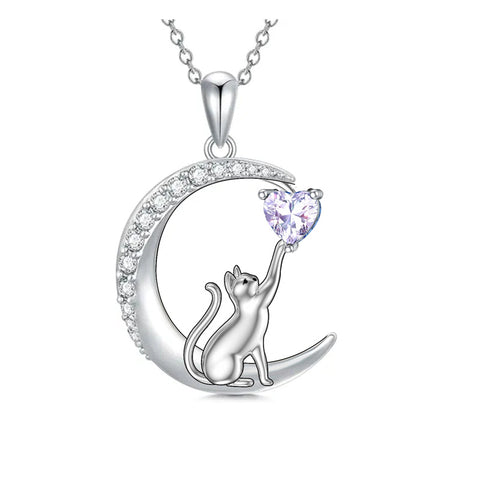 Sterling Silver Heart Birthstone Cat Pendant Necklace