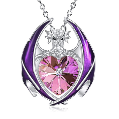 Sterling Silver Heart Shaped Crystal Birthstone Dragon Pendant Necklace