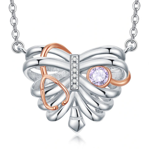 Sterling Silver Heart Rib Cage&Doctor Nurse  Stethoscope Medicine Themed Pendant Necklace