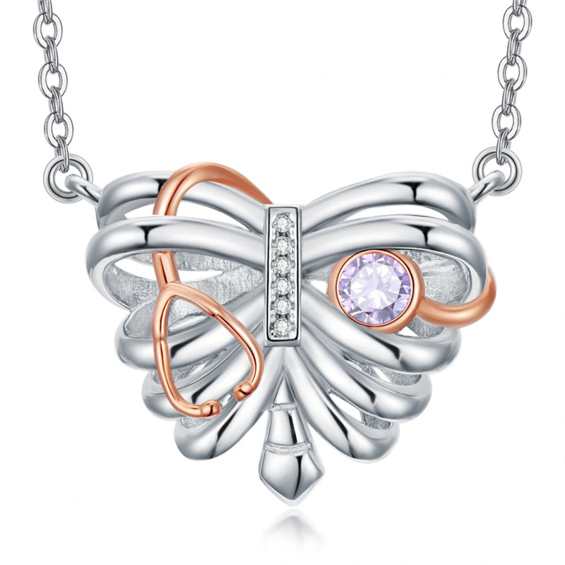 Sterling Silver Heart Rib Cage&Doctor Nurse  Stethoscope Medicine Themed Pendant Necklace