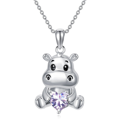 Sterling Silver Birthstone Hippo Pendant Necklace Birthday Christmas Gift