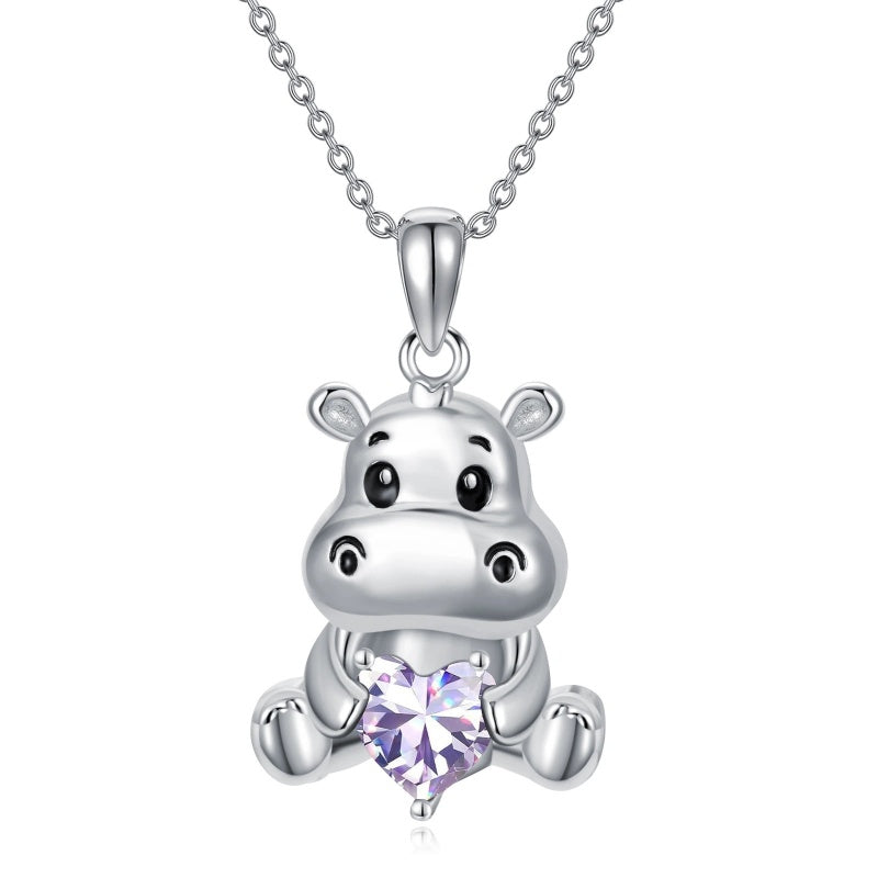 Sterling Silver Birthstone Hippo Pendant Necklace Birthday Christmas Gift
