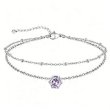 Sterling Silver  Round Birthstone Double Layer Charm Anklet