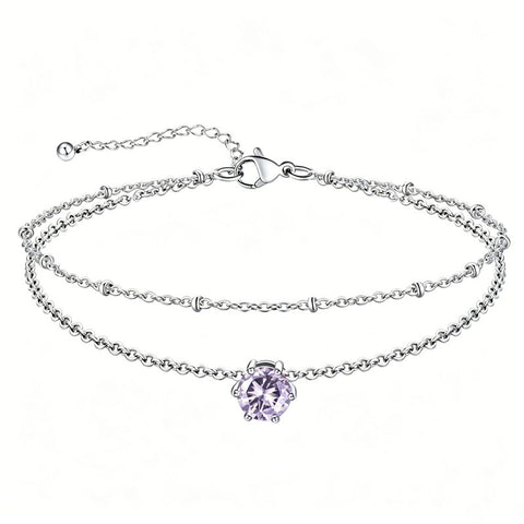 Sterling Silver  Round Birthstone Double Layer Charm Anklet