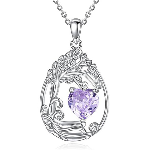 Sterling Silver Birthstone Teardrop Tree of Life Pendant Necklace