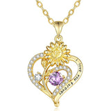 Sterling Sliver Birthstone Love Heart & Sunflower Pendant Necklace Engraved With You Are My Sunshine