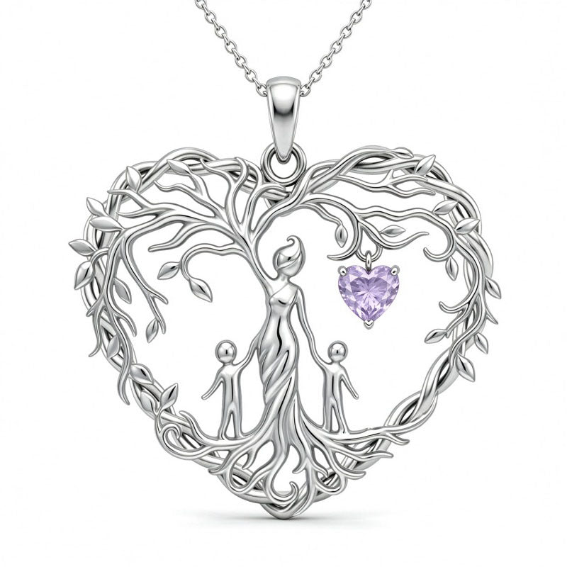 Sterling Silver Heart Pendant Birthstone Tree of Life Mother Child Family Necklace