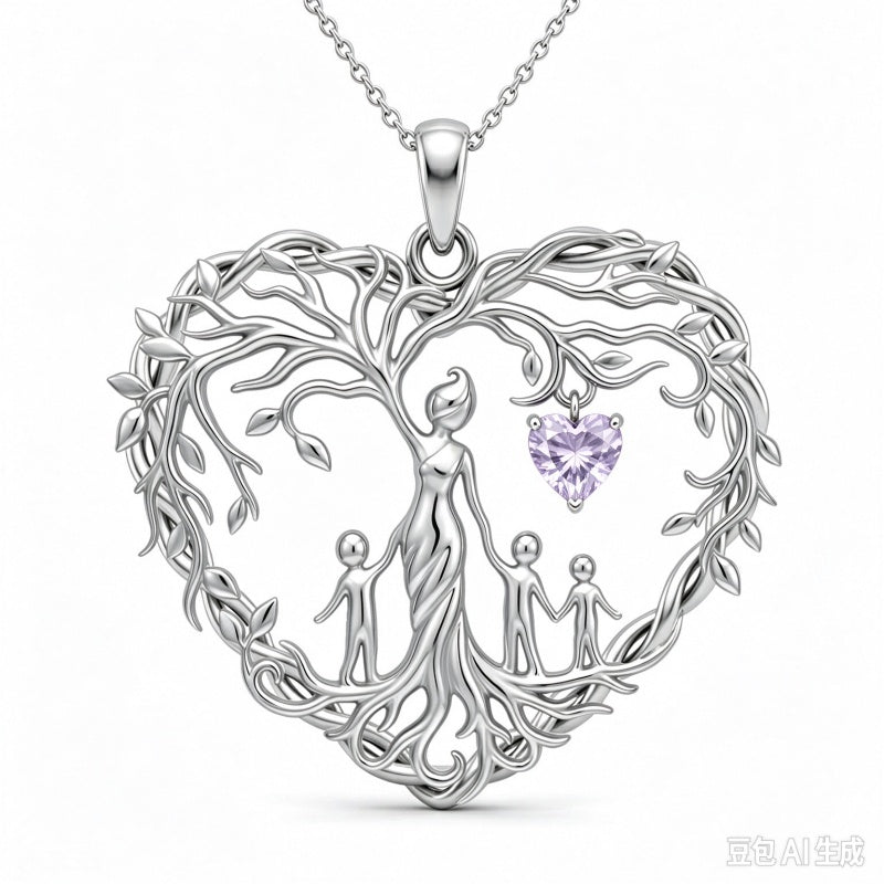 Sterling Silver Heart Pendant Birthstone Tree of Life Mother Child Family Necklace