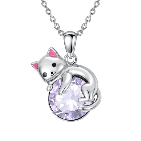 Sterling Silver Cubic Zirconia  Cat Pendant Necklace for Women