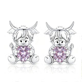 Sterling Silver 12 Month Birthstone Highland Cow Stud Earrings Christmas Gift