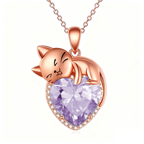 Sterling Silver Heart Birthstone Cat Pendant Necklace