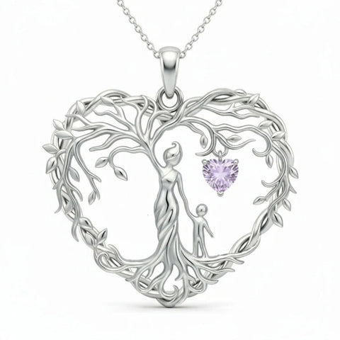 Sterling Silver Heart Pendant Birthstone Tree of Life Mother Child Family Necklace