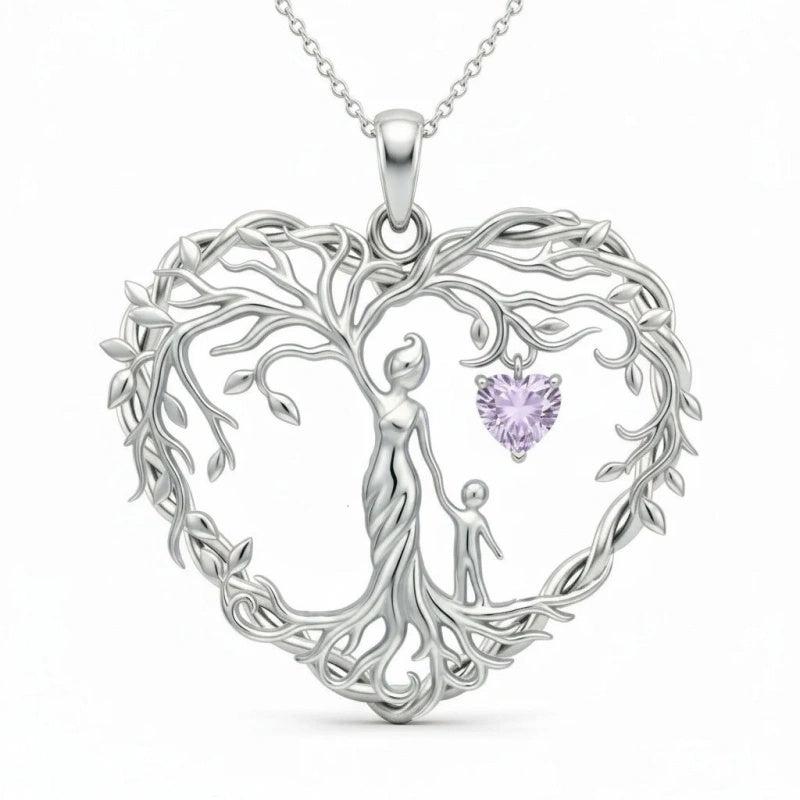 Sterling Silver Heart Pendant Birthstone Tree of Life Mother Child Family Necklace