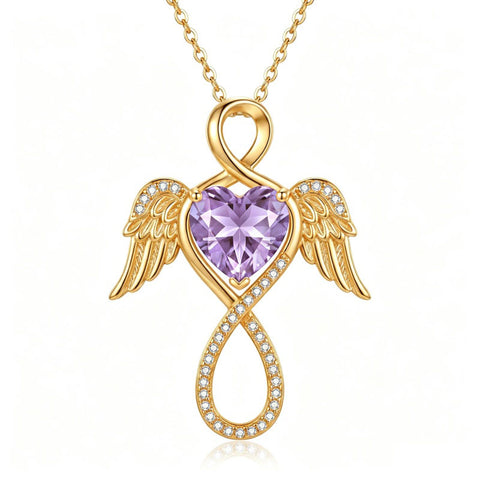 14K Gold Plated 12-Month Birthstone Infinity Angel Wings Pendant Necklace for Women