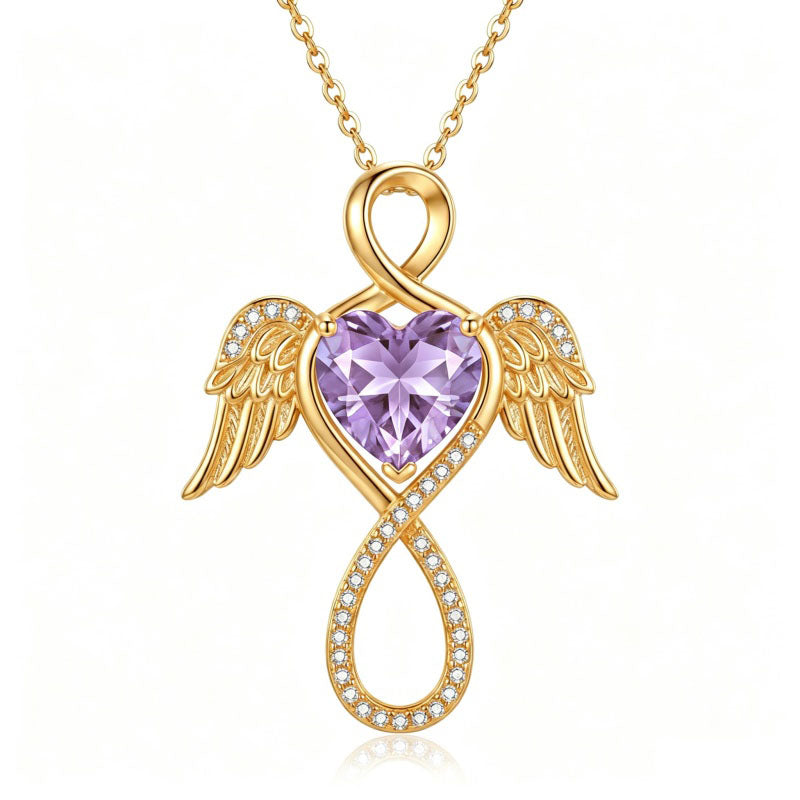 14K Gold Plated 12-Month Birthstone Infinity Angel Wings Pendant Necklace for Women