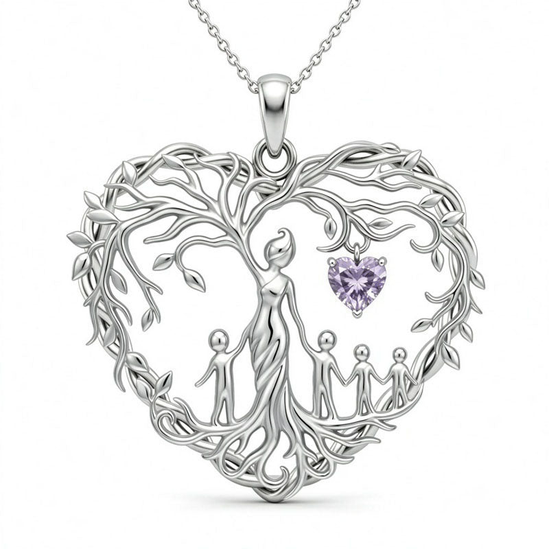 Sterling Silver Heart Pendant Birthstone Tree of Life Mother Child Family Necklace