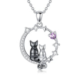 Sterling Silver Cubic Zirconia Two Cats Pendant Necklace