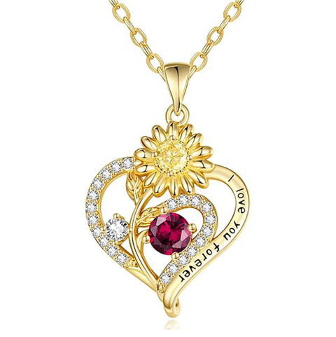 Sterling Sliver Birthstone Love Heart & Sunflower Pendant Necklace Engraved With You Are My Sunshine