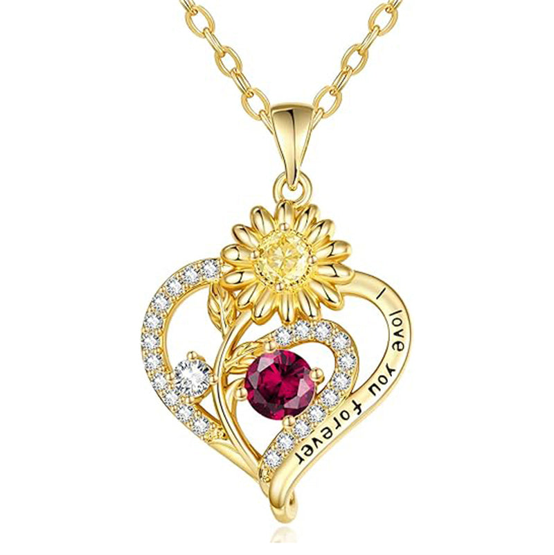 Sterling Sliver Birthstone Love Heart & Sunflower Pendant Necklace Engraved With You Are My Sunshine