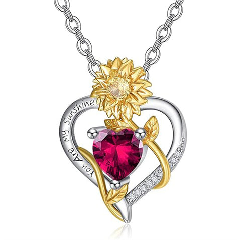 Sterling Sliver Birthstone Love Heart & Sunflower Pendant Necklace Engraved With You Are My Sunshine
