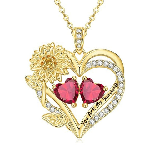 14K Gold  Plated Double Birthstone Heart Sunflower Necklace for Women