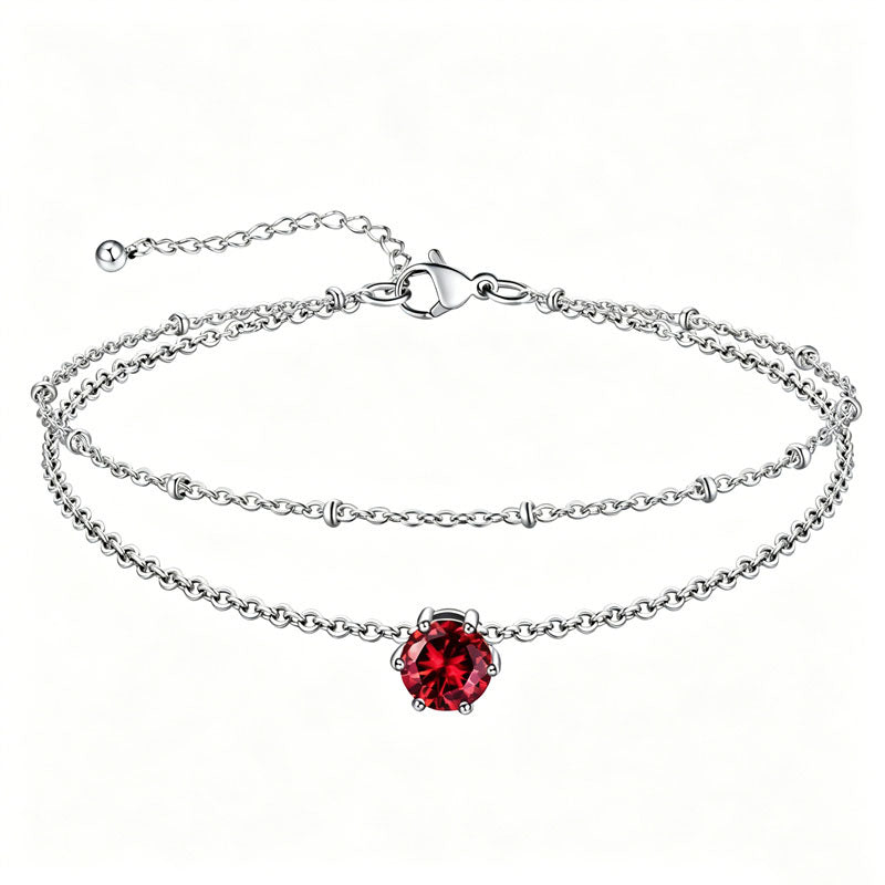 Sterling Silver  Round Birthstone Double Layer Charm Anklet