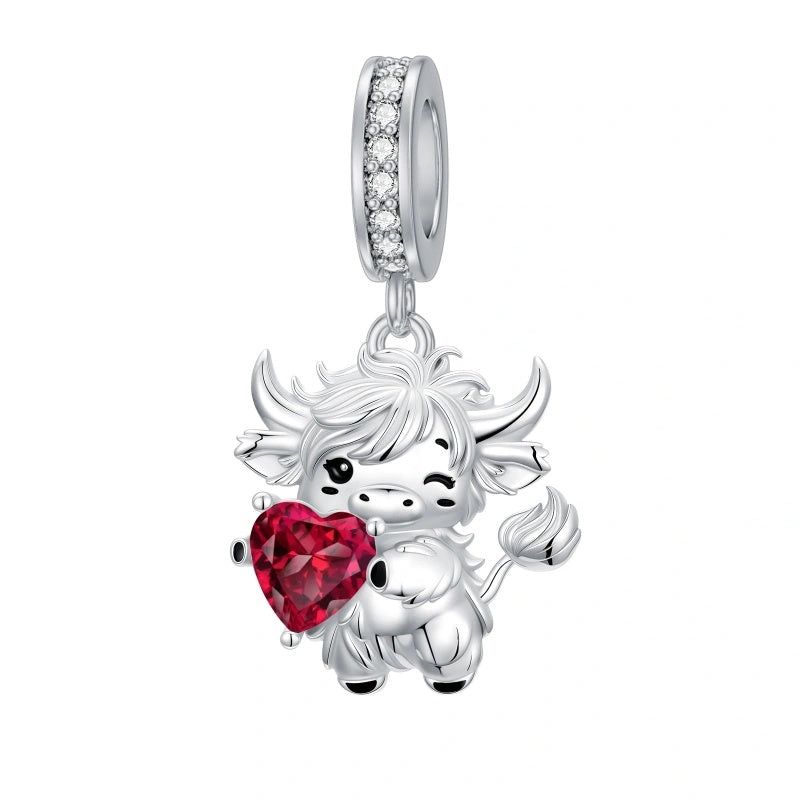 Sterling Silver 12 Month Birthstone Highland Cow Charm Beads