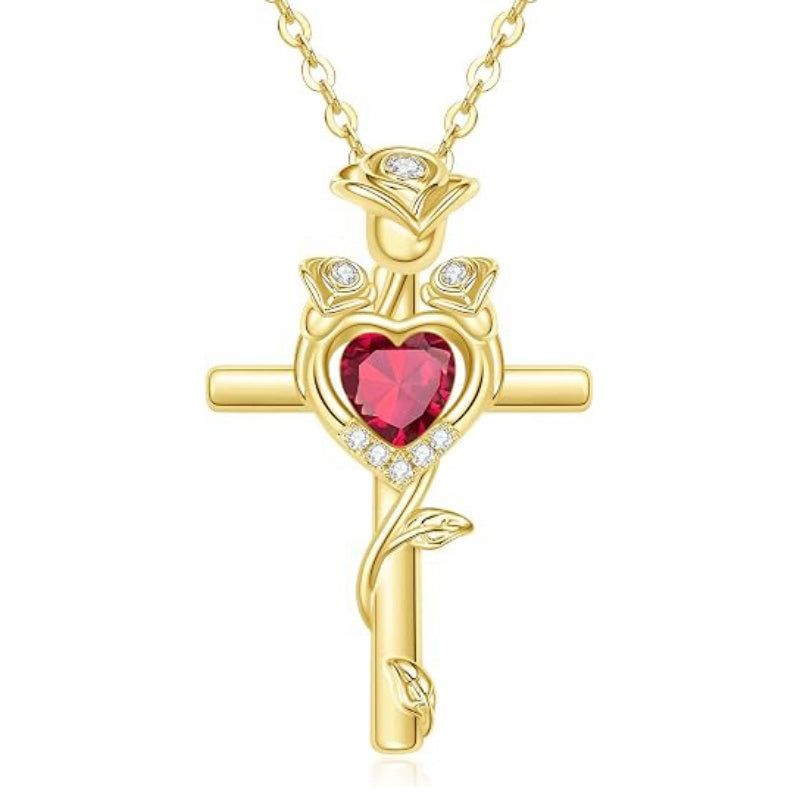 14K Gold Plated Birthstone Rose Cross Necklace for Women Faith Jewelry Gift