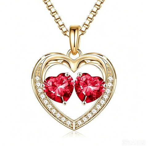 14K Gold Plated Double Heart Birthstone Necklace Anniversary Birthday Gifts for Women