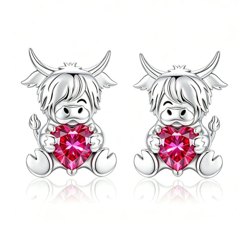 Sterling Silver 12 Month Birthstone Highland Cow Stud Earrings Christmas Gift