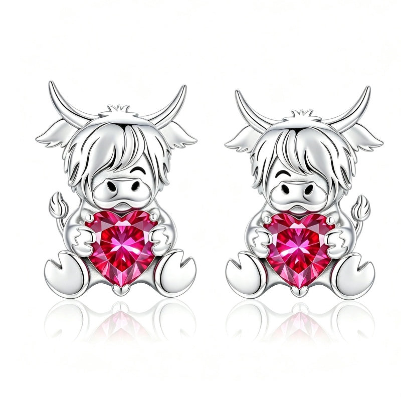 Sterling Silver 12 Month Birthstone Highland Cow Stud Earrings Christmas Gift
