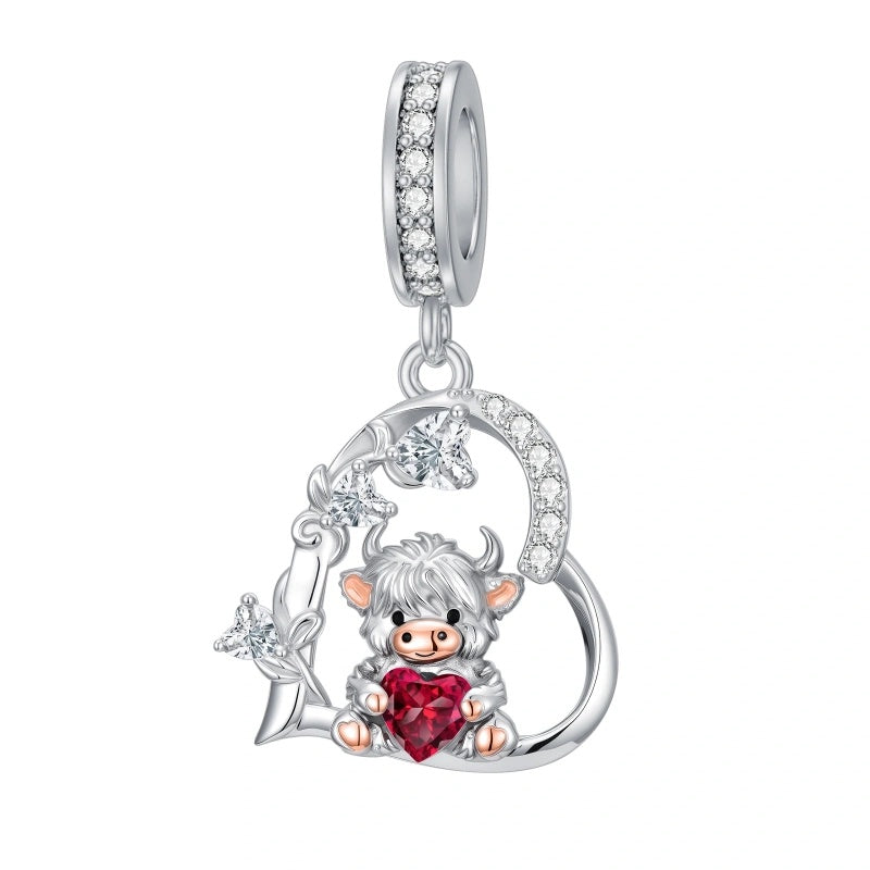 Sterling Silver 12 Month Birthstone Highland Cow Charm Beads